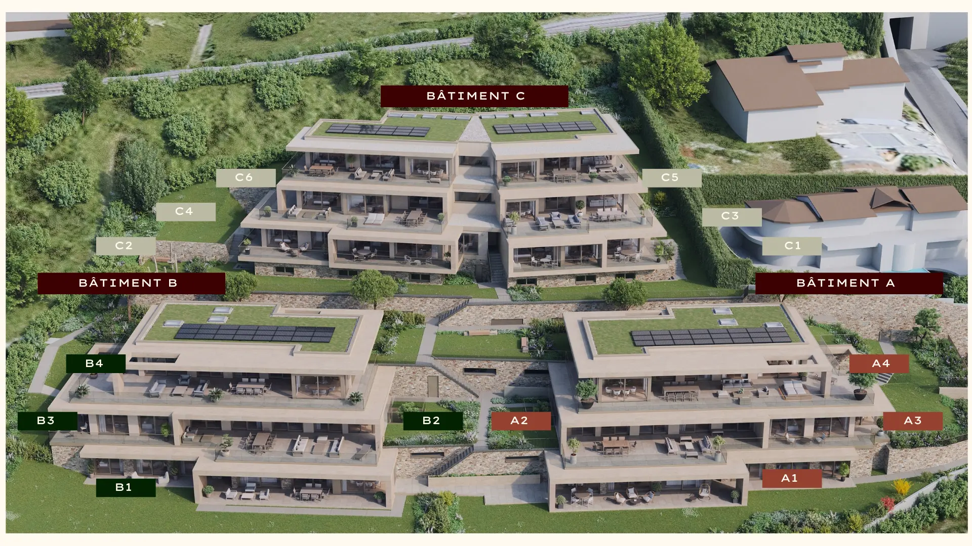 Vue aérienne des bâtiments A, B et C — Résidence Mourat 84