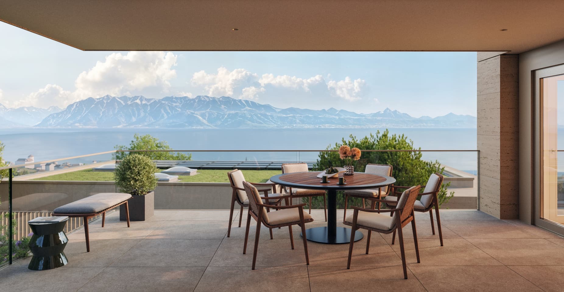Terrasse repas face aux montagnes