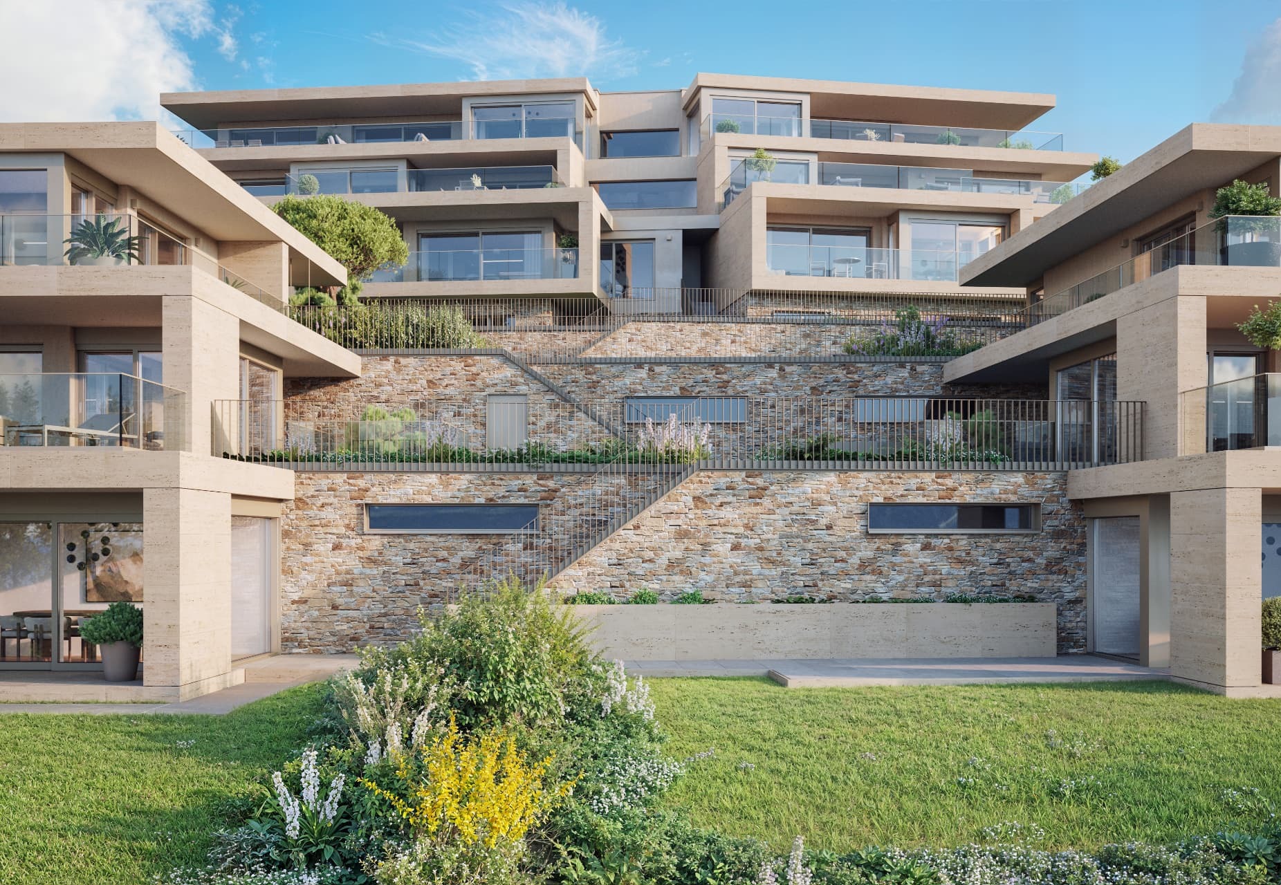 Façades en pierre et terrasses paysagères
