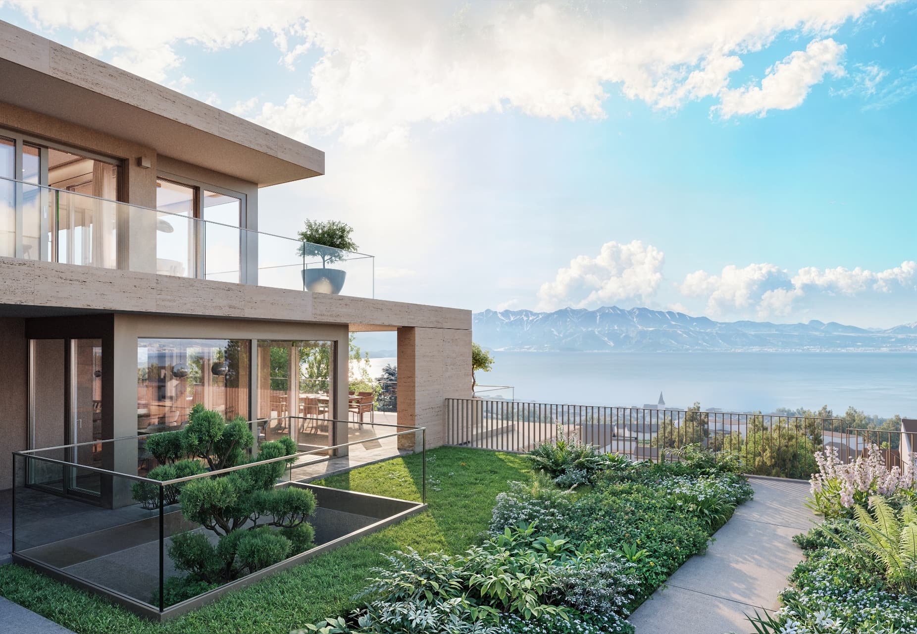 Terrasse et jardin privatif face au lac