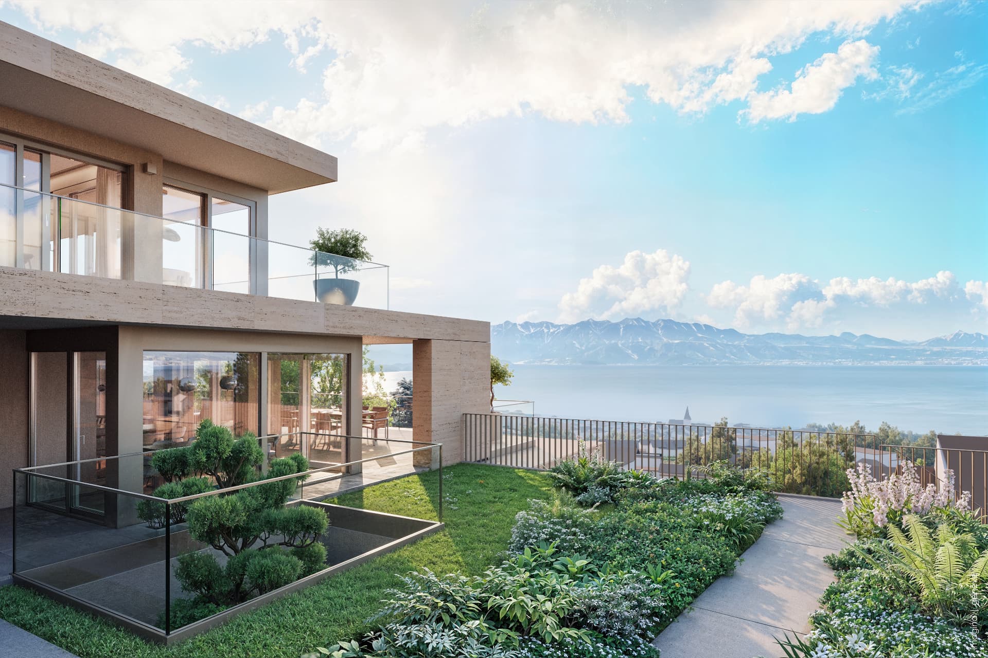 Terrasse avec vue sur le lac Léman et les Alpes depuis Mourat 84
