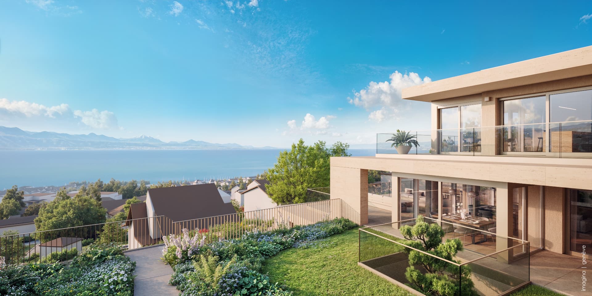 Terrasse et jardin avec vue panoramique sur le lac Léman depuis Mourat 84