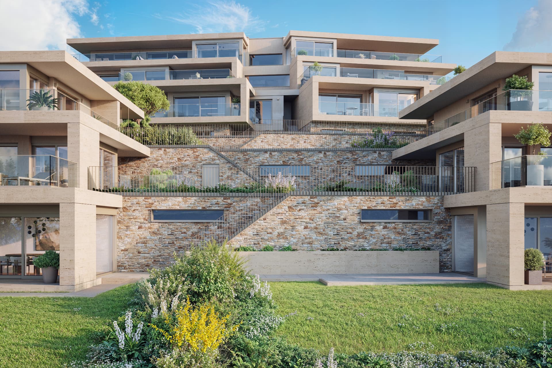 Façade en cascade et murs en pierre de la Résidence Mourat 84
